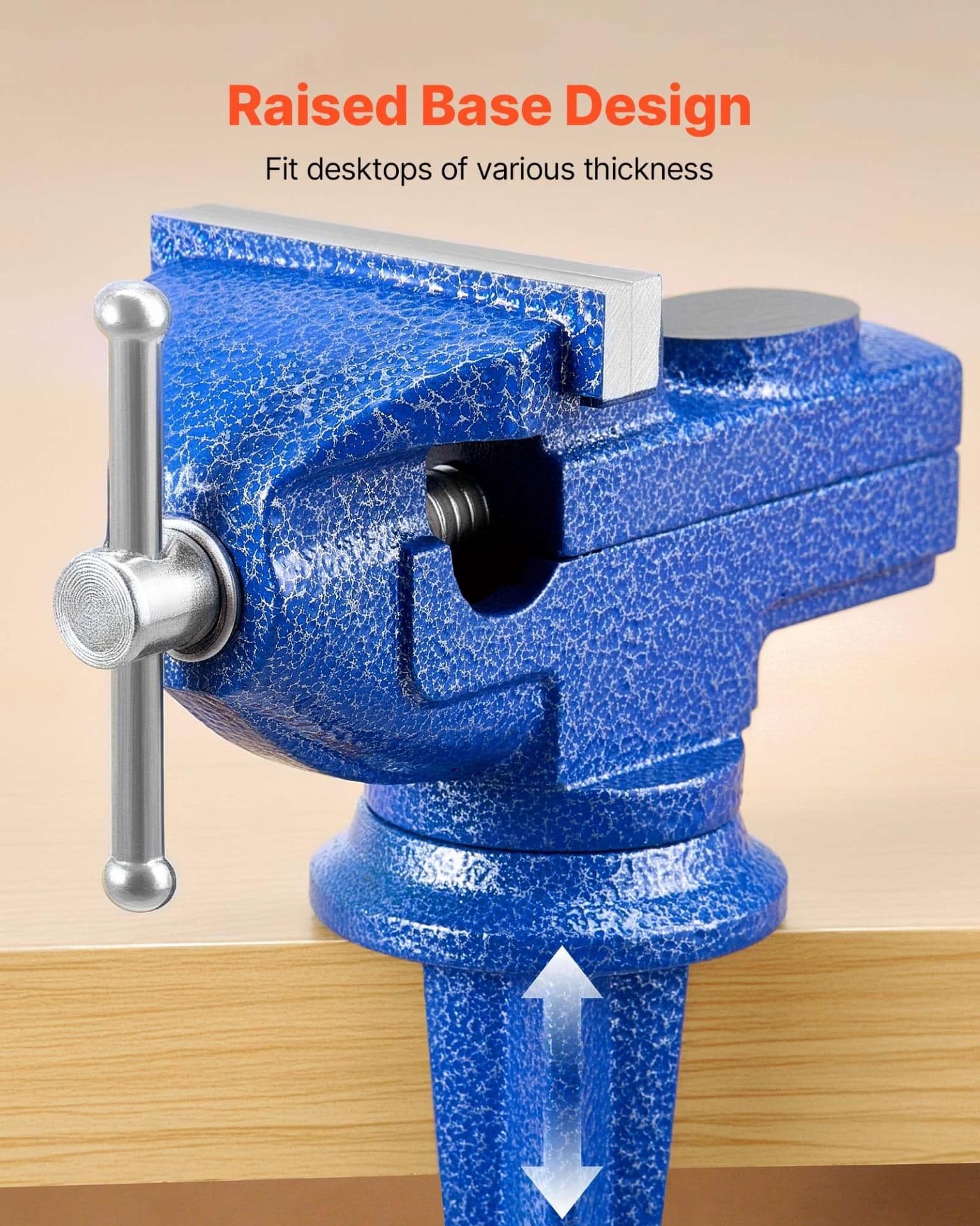 image-VEVOR Bench Vise, 3 Inch, Portable Workbench Vice with 360° Swivel Base, Quick Release Rotating Bench Clamp, Raised Base, Cast Iron Construction, for Woodworking, Metalworking, Drilling, and Cutting