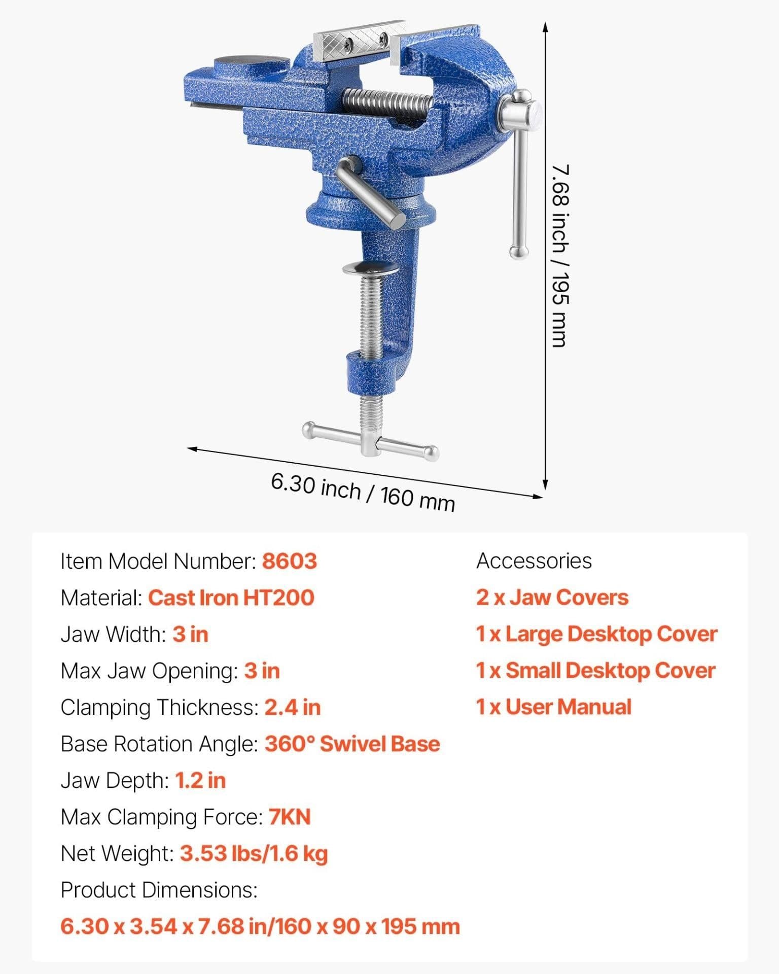 image-VEVOR Bench Vise, 3 Inch, Portable Workbench Vice with 360° Swivel Base, Quick Release Rotating Bench Clamp, Raised Base, Cast Iron Construction, for Woodworking, Metalworking, Drilling, and Cutting
