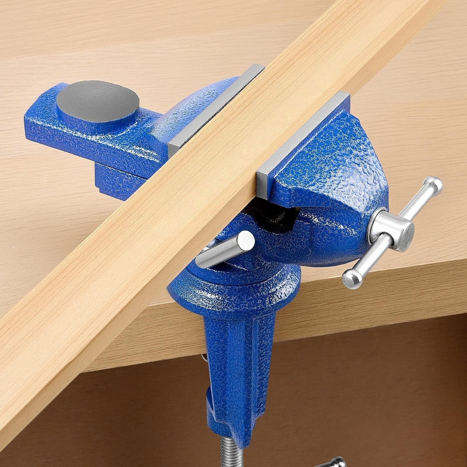 image-VEVOR Bench Vise, 3 Inch, Portable Workbench Vice with 360° Swivel Base, Quick Release Rotating Bench Clamp, Raised Base, Cast Iron Construction, for Woodworking, Metalworking, Drilling, and Cutting