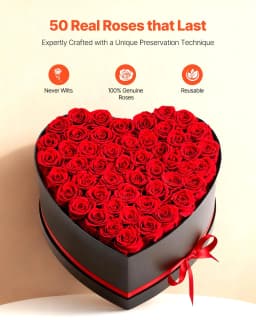 image-VEVOR Forever Flowers, 50 Preserved Roses in a Heart Shape Box, Eternal Flowers Immortal Bouquet Birthday Present for Delivery Prime Women Her Wife Mothers, Anniversary, Valentine's Day,Christmas, Red