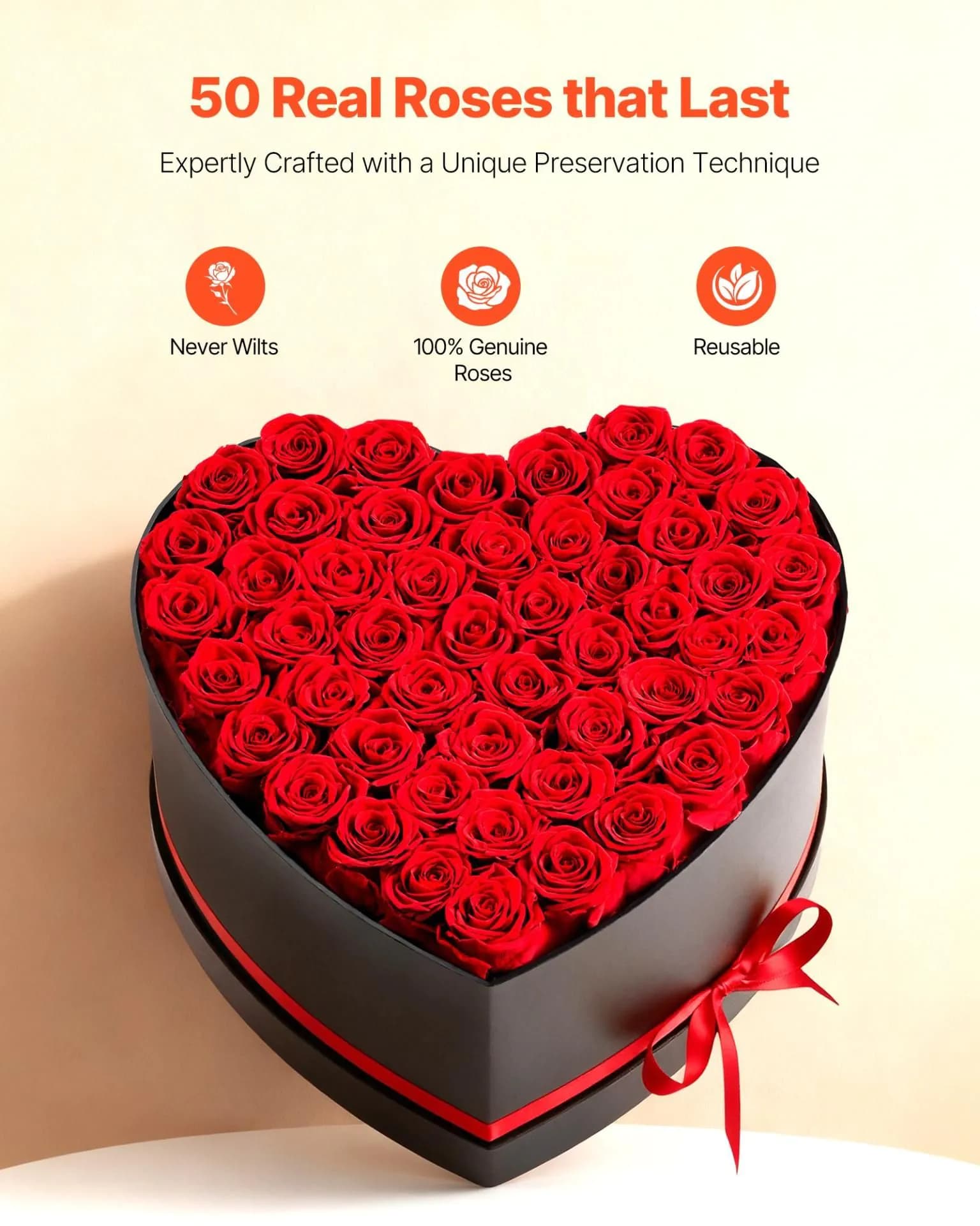 image-VEVOR Forever Flowers, 50 Preserved Roses in a Heart Shape Box, Eternal Flowers Immortal Bouquet Birthday Present for Delivery Prime Women Her Wife Mothers, Anniversary, Valentine's Day,Christmas, Red