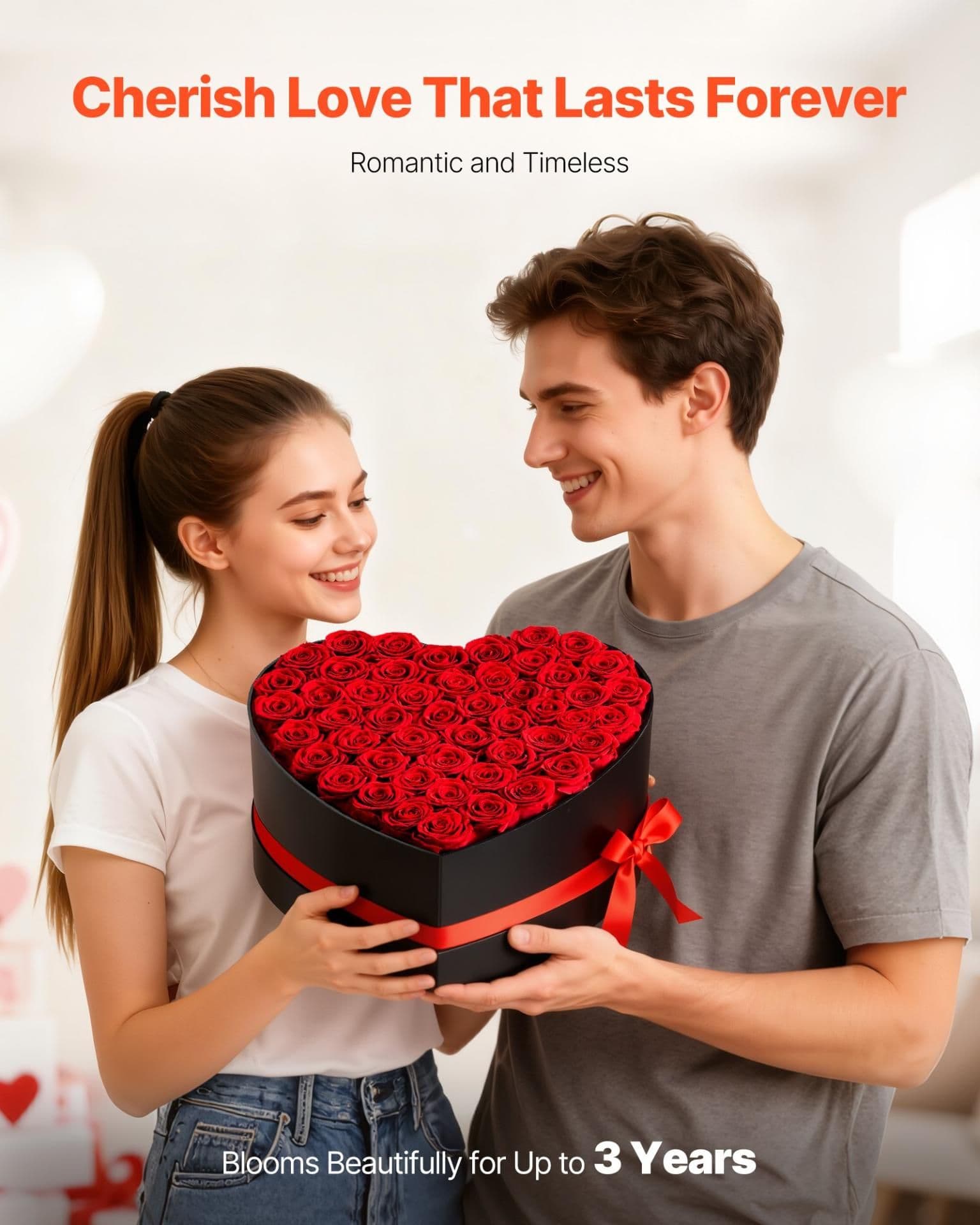 image-VEVOR Forever Flowers, 50 Preserved Roses in a Heart Shape Box, Eternal Flowers Immortal Bouquet Birthday Present for Delivery Prime Women Her Wife Mothers, Anniversary, Valentine's Day,Christmas, Red