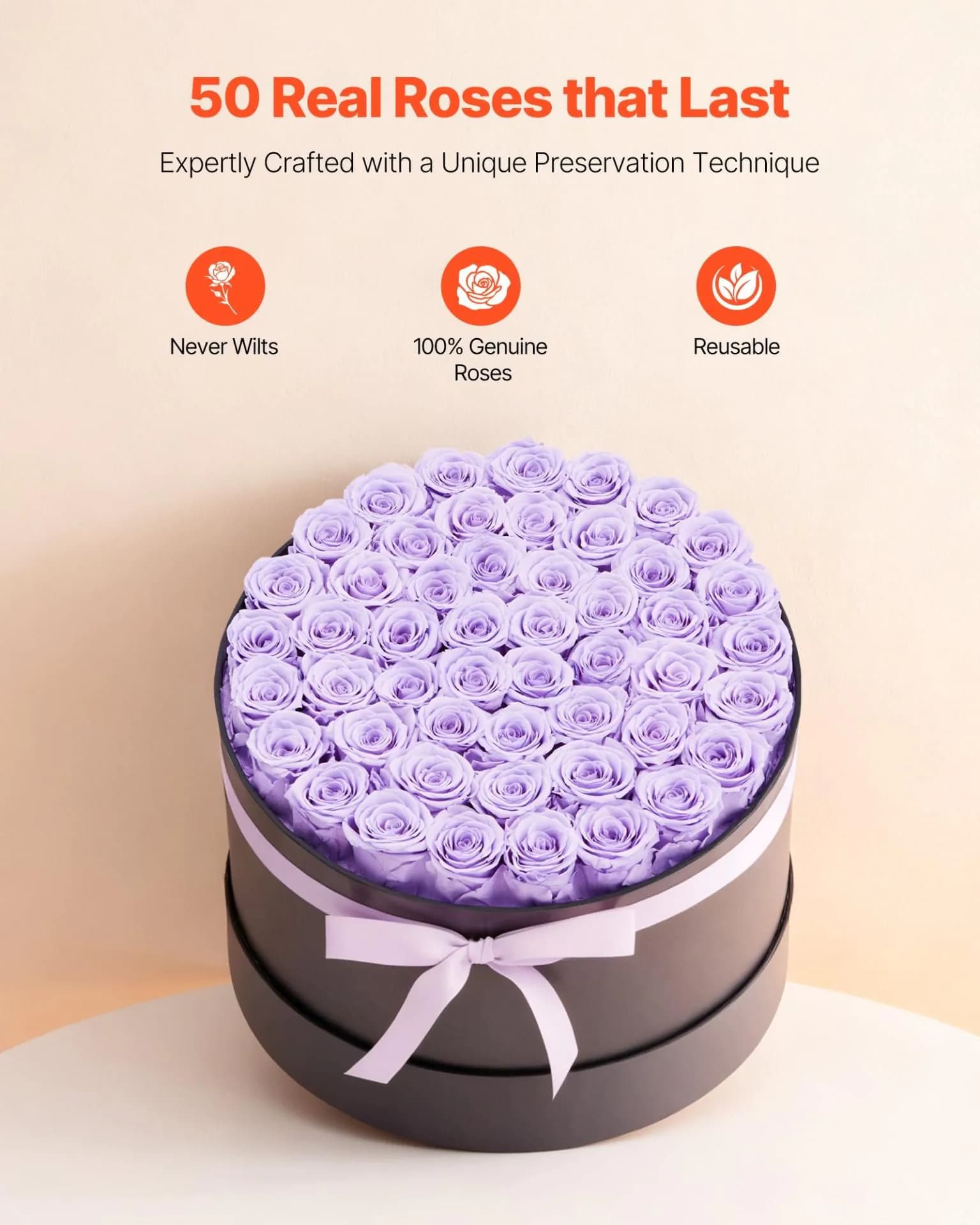 image-VEVOR Forever Flowers, 50 Preserved Roses in a Box, Eternal Flowers Immortal Bouquet Birthday Present for Women Her Wife Mothers, Anniversary, Valentine's Day,Christmas, Lavender Purple
