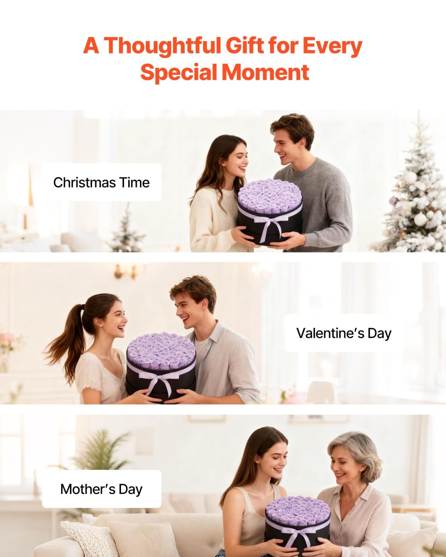 image-VEVOR Forever Flowers, 50 Preserved Roses in a Box, Eternal Flowers Immortal Bouquet Birthday Present for Women Her Wife Mothers, Anniversary, Valentine's Day,Christmas, Lavender Purple