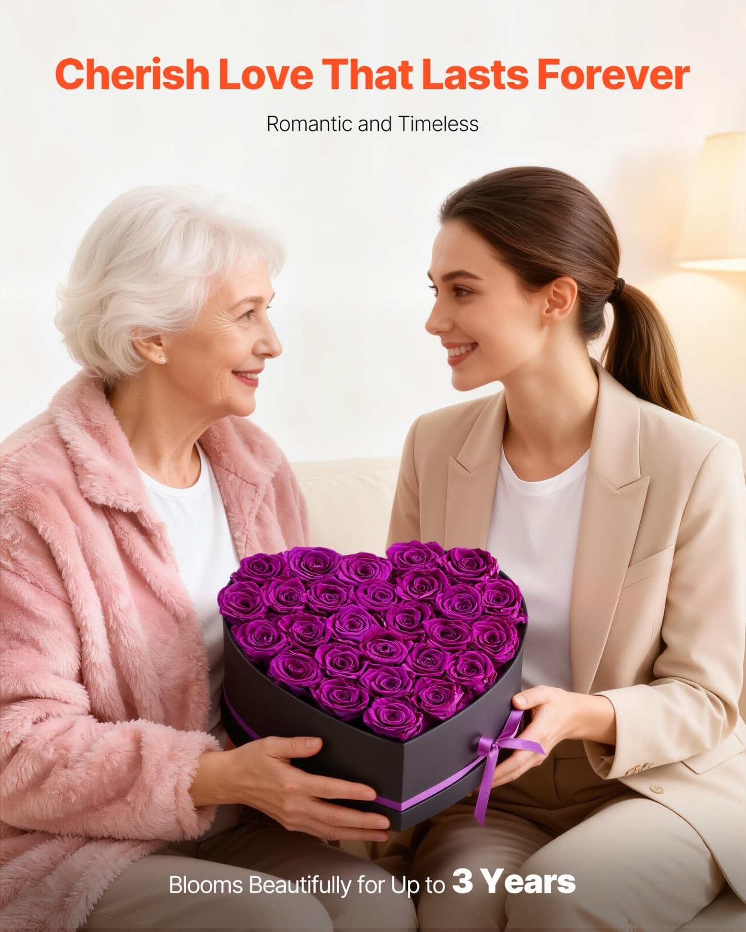 image-VEVOR Forever Flowers, 27 Preserved Roses in Heart Shape Box, Eternal Flowers Immortal Bouquet Birthday Present for Women Her Wife Mothers, Anniversary, Valentine's Day,Christmas, Purple