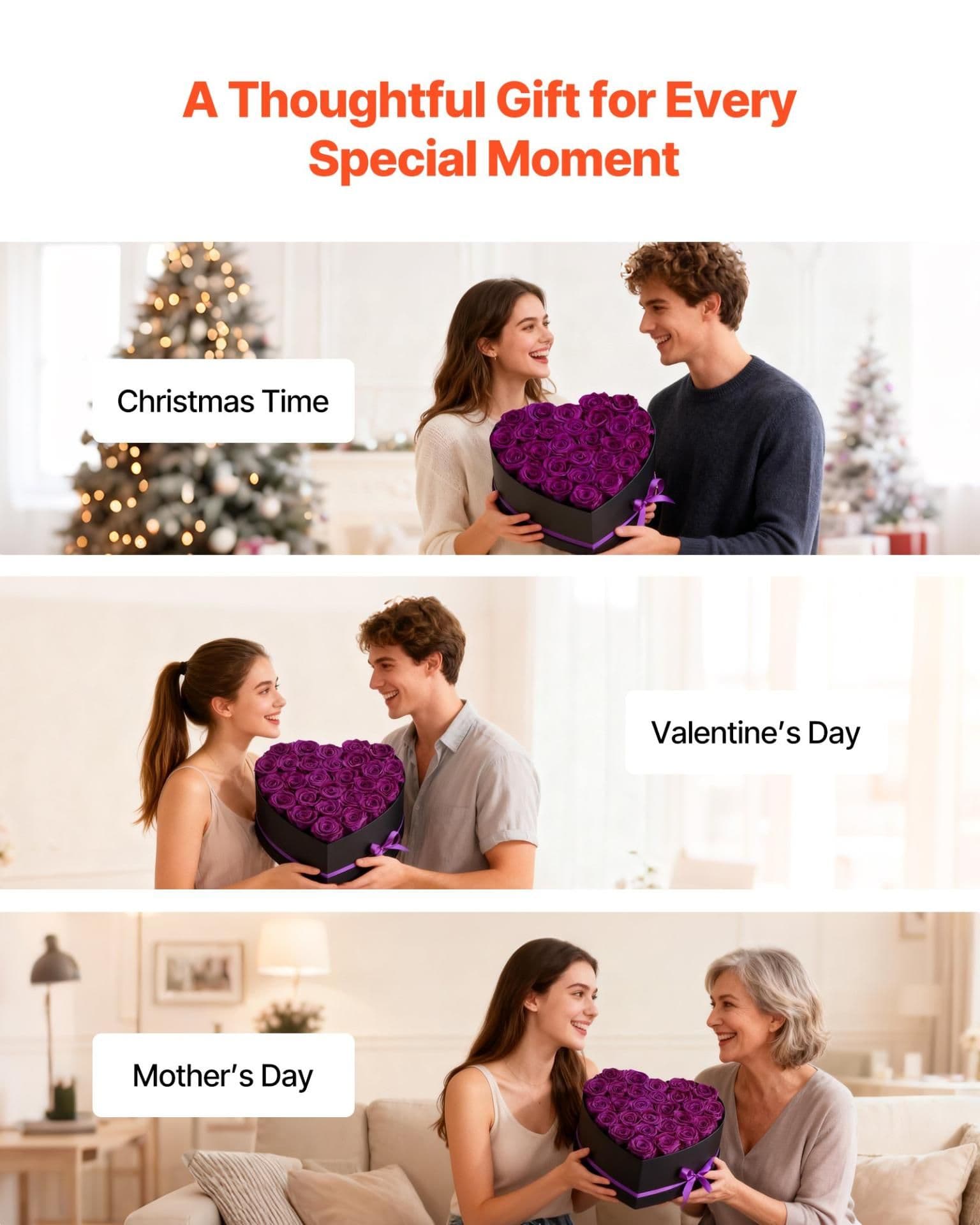 image-VEVOR Forever Flowers, 27 Preserved Roses in Heart Shape Box, Eternal Flowers Immortal Bouquet Birthday Present for Women Her Wife Mothers, Anniversary, Valentine's Day,Christmas, Purple