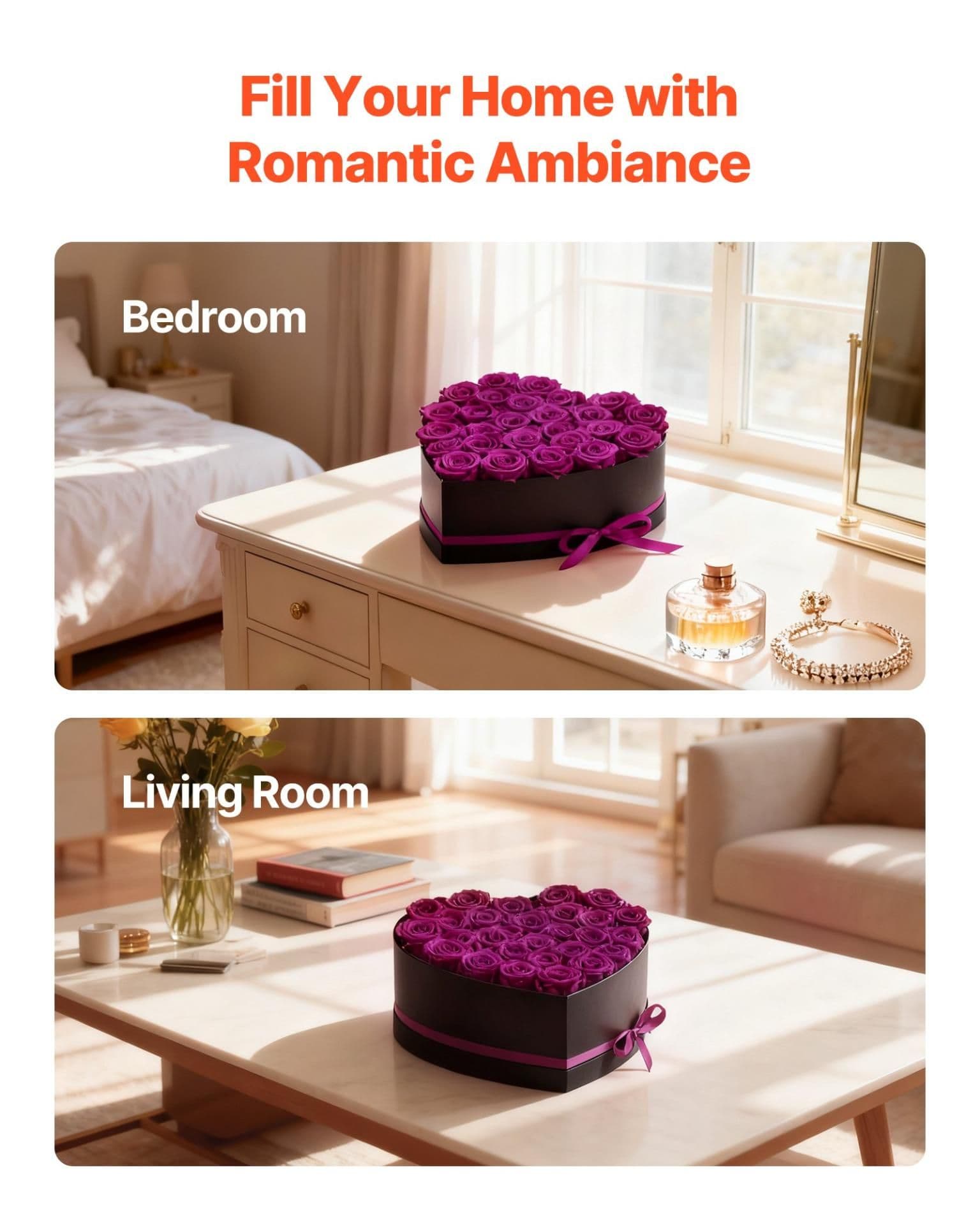 image-VEVOR Forever Flowers, 27 Preserved Roses in Heart Shape Box, Eternal Flowers Immortal Bouquet Birthday Present for Women Her Wife Mothers, Anniversary, Valentine's Day,Christmas, Purple