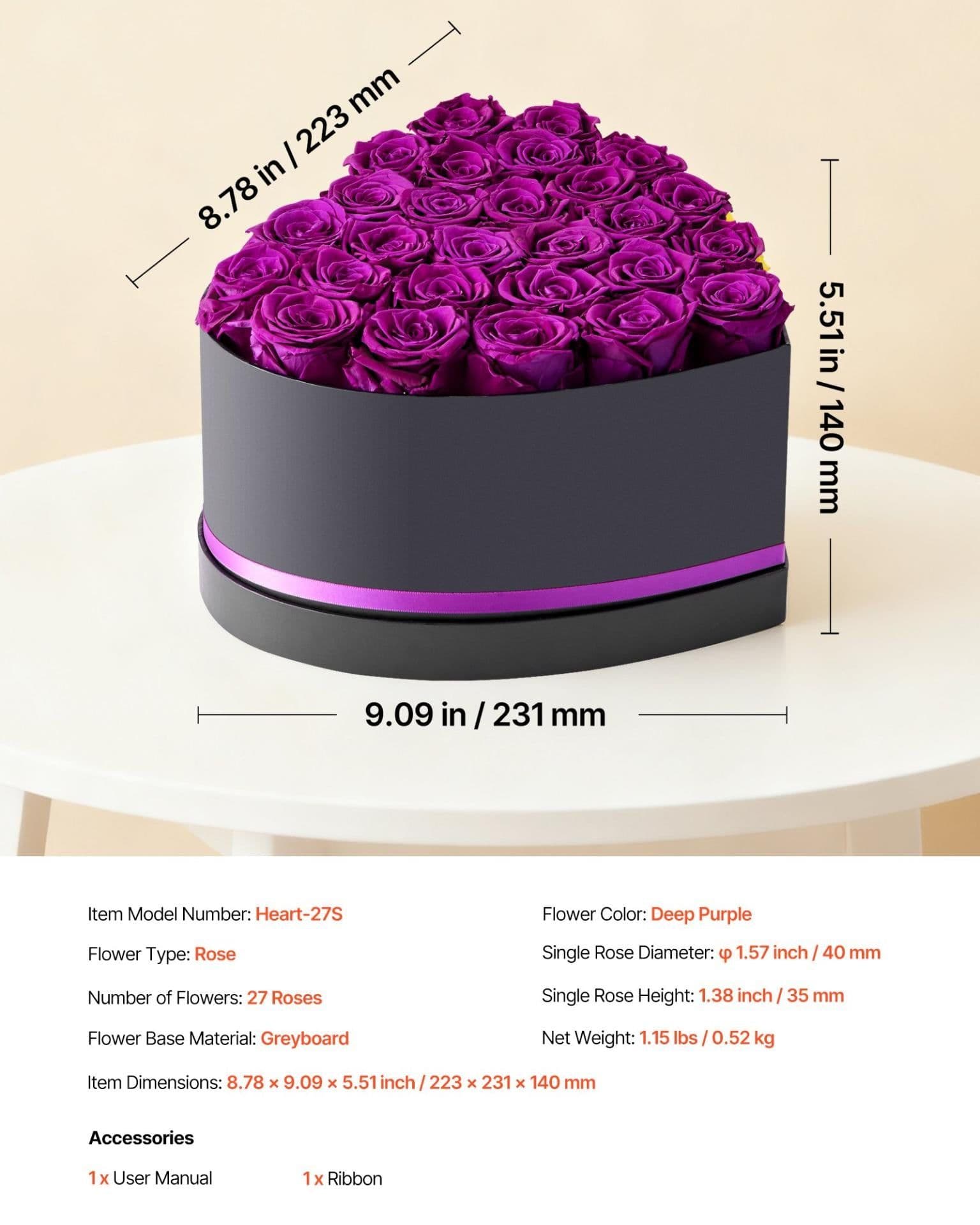 image-VEVOR Forever Flowers, 27 Preserved Roses in Heart Shape Box, Eternal Flowers Immortal Bouquet Birthday Present for Women Her Wife Mothers, Anniversary, Valentine's Day,Christmas, Purple