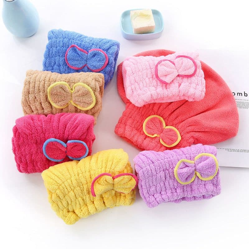 image-Coral Fleece Dry Hair Cap - Princess Bow Pink