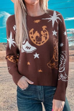 image-Brown Cowgirl Fashion Print Casual Sweater