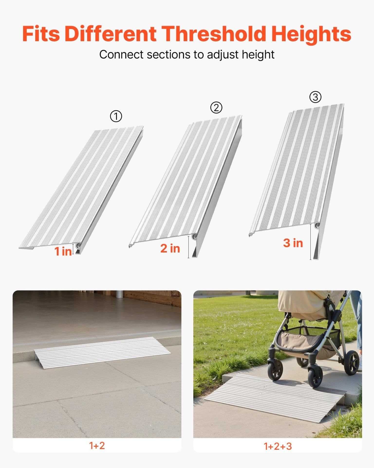 image-VEVOR Door Threshold Ramp, 3 inch Rise, Aluminum Alloy Threshold Ramp Rated 800 lbs Load Capacity, Handicap Ramps for Home Steps for Wheelchair, Scooters, Power Chairs, Walkers, Bicycle, Tricycle