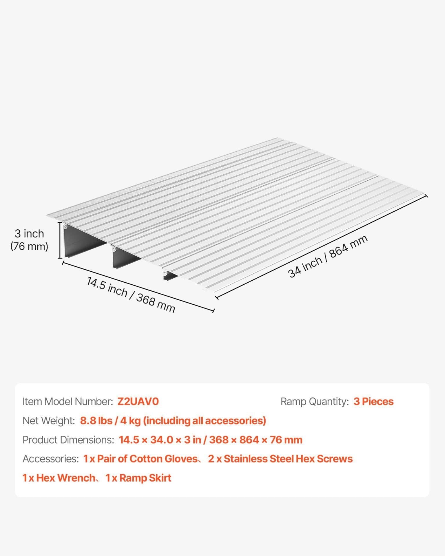 image-VEVOR Door Threshold Ramp, 3 inch Rise, Aluminum Alloy Threshold Ramp Rated 800 lbs Load Capacity, Handicap Ramps for Home Steps for Wheelchair, Scooters, Power Chairs, Walkers, Bicycle, Tricycle