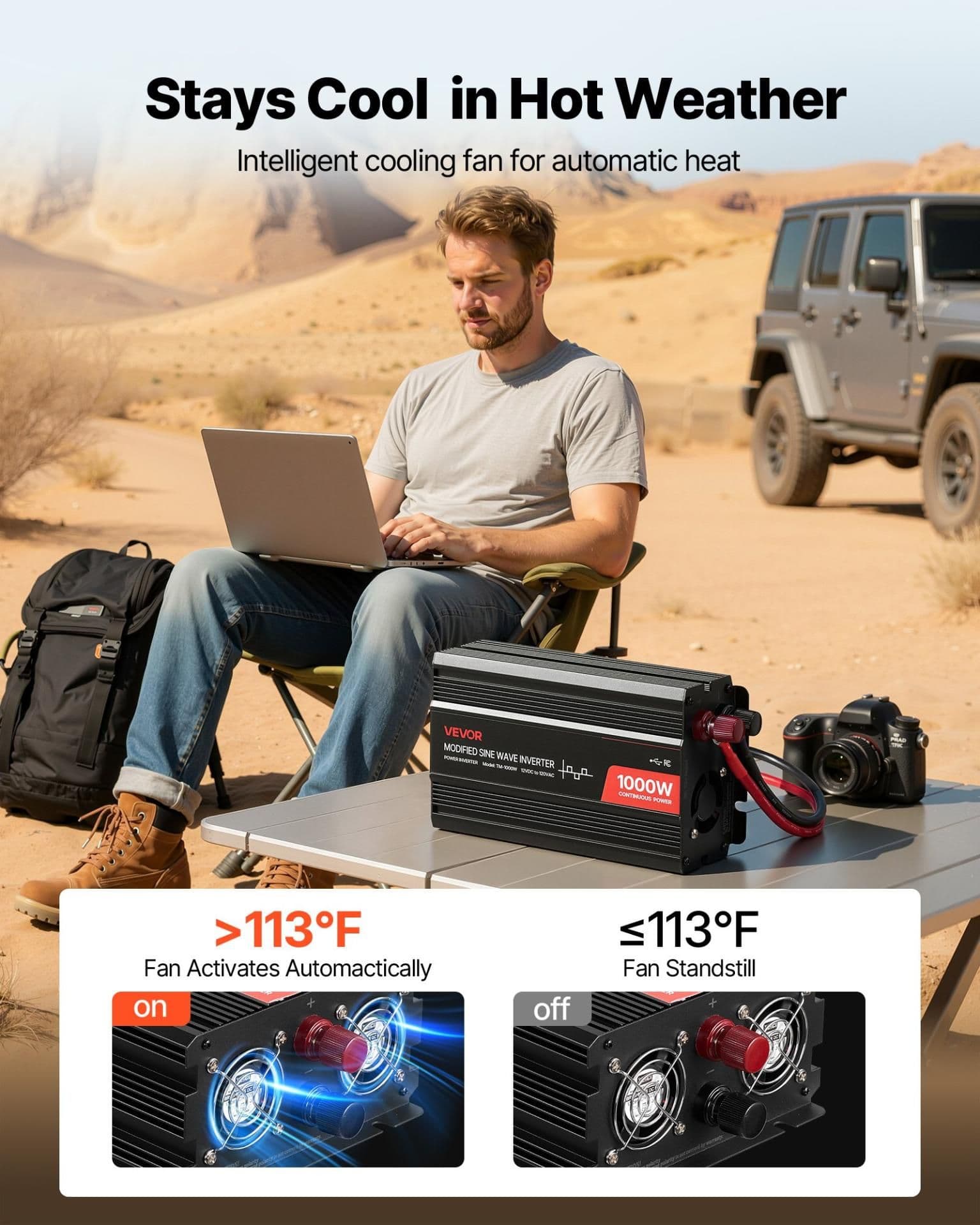 image-VEVOR 1000W Power Inverter 12V DC to 120V AC USB Type-C