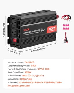 image-VEVOR 1000W Power Inverter 12V DC to 120V AC USB Type-C