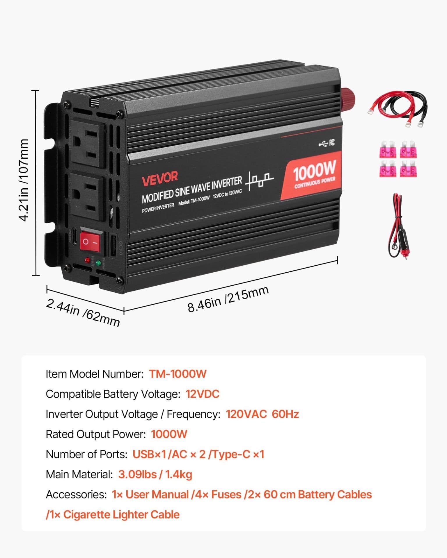 image-VEVOR 1000W Power Inverter 12V DC to 120V AC USB Type-C
