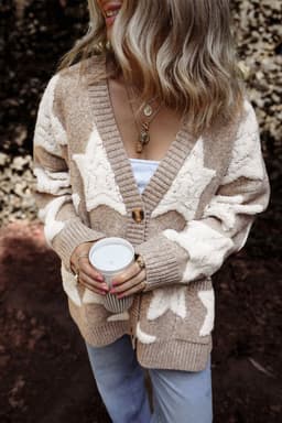 image-Sherpa Star Pattern Textured Cardigan - Khaki with Pockets