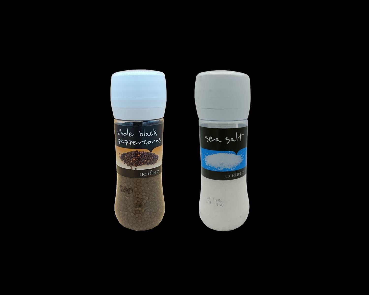 image-Lichfields Sea Salt Food Grinder 1 x 385g and Whole Black Peppercorns 1 x 200g