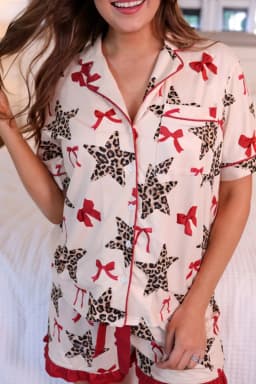 image-White Leopard Star Ribbon Bow Print Contrast Trim Short Pajama Set