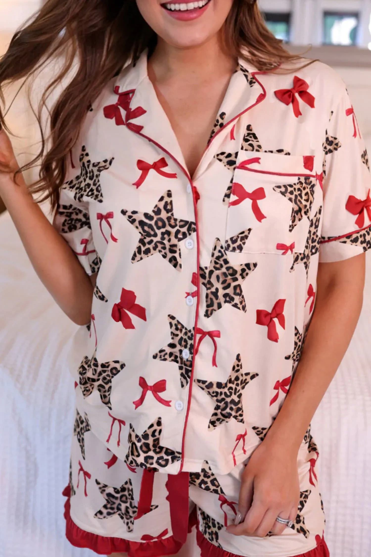image-White Leopard Star Ribbon Bow Print Contrast Trim Short Pajama Set