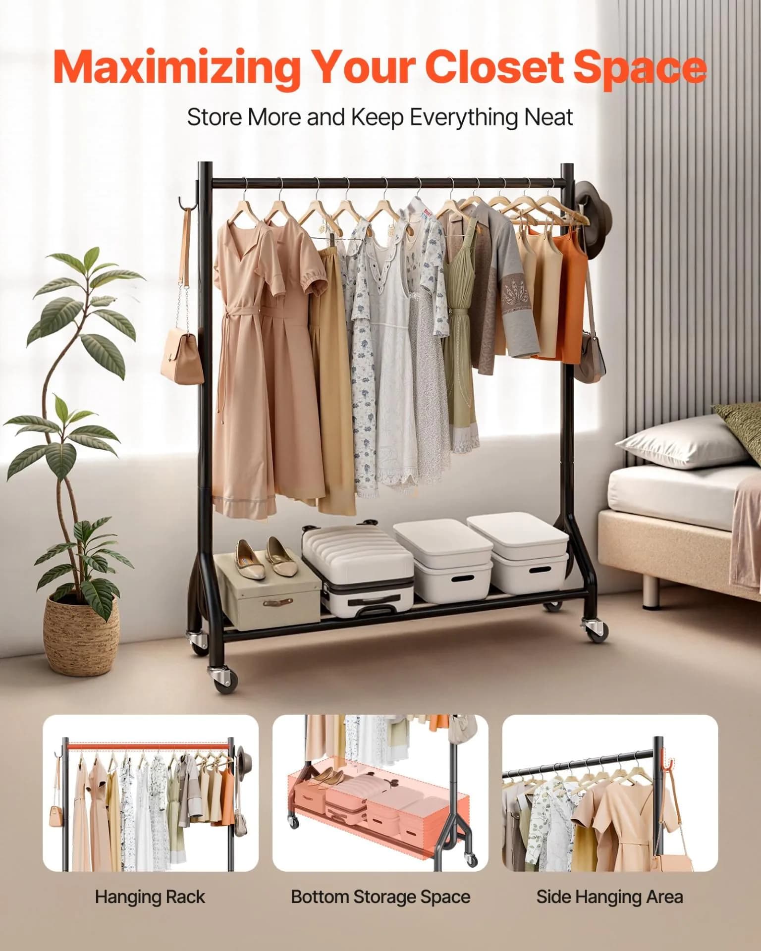 image-VEVOR Clothes Rack, Rolling Clothing Garment Rack with Hanging Rod and Side Hooks, 198 lbs Load Capacity, Heavy Duty Carbon Steel Clothing Racks with Wheels, Ideal for Bedroom, Laundry, Living Room