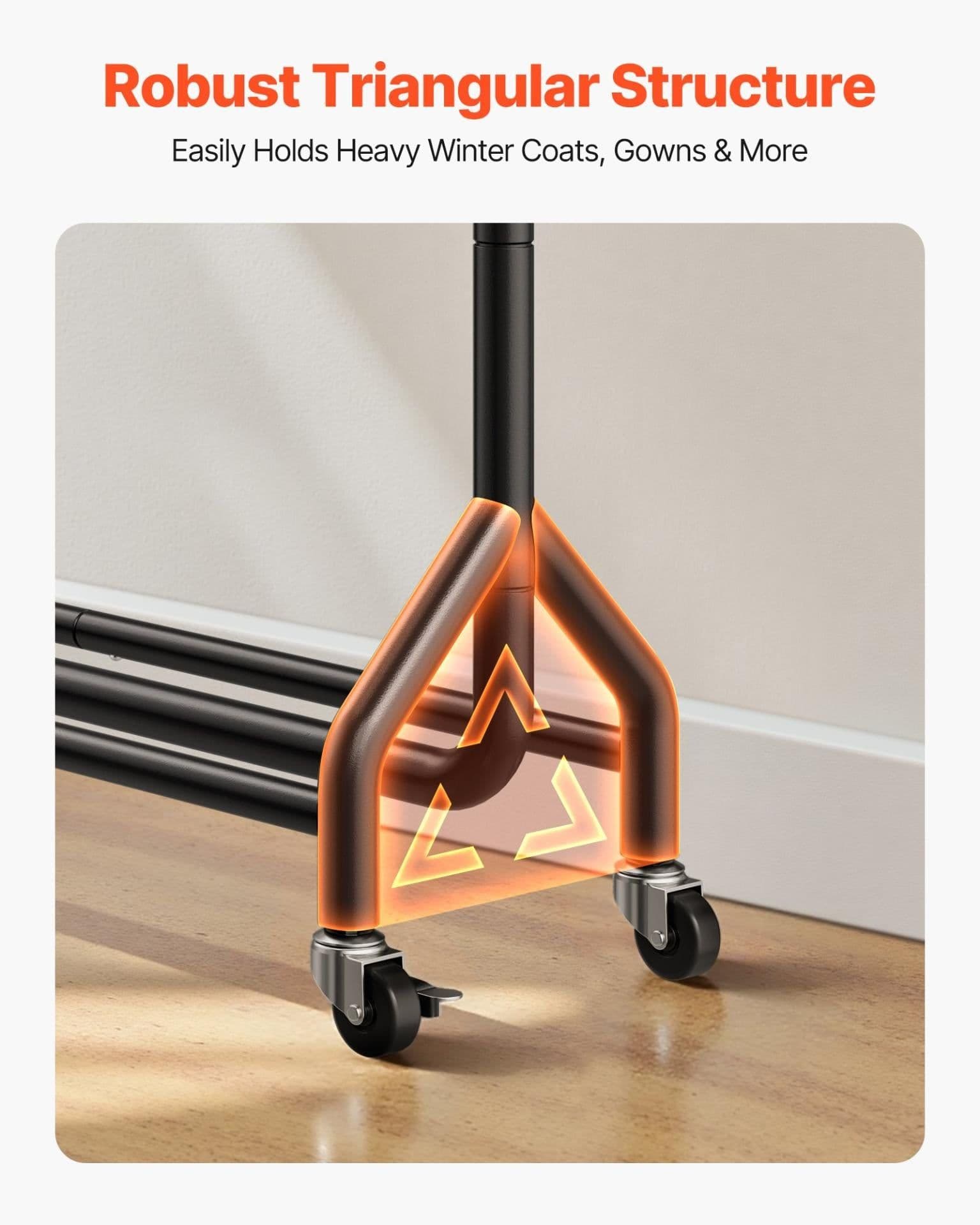 image-VEVOR Clothes Rack, Rolling Clothing Garment Rack with Hanging Rod and Side Hooks, 198 lbs Load Capacity, Heavy Duty Carbon Steel Clothing Racks with Wheels, Ideal for Bedroom, Laundry, Living Room