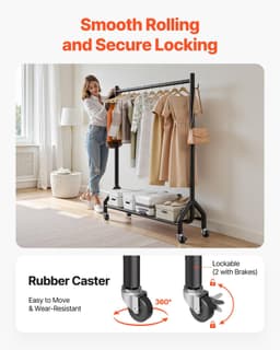 image-VEVOR Clothes Rack, Rolling Clothing Garment Rack with Hanging Rod and Side Hooks, 198 lbs Load Capacity, Heavy Duty Carbon Steel Clothing Racks with Wheels, Ideal for Bedroom, Laundry, Living Room