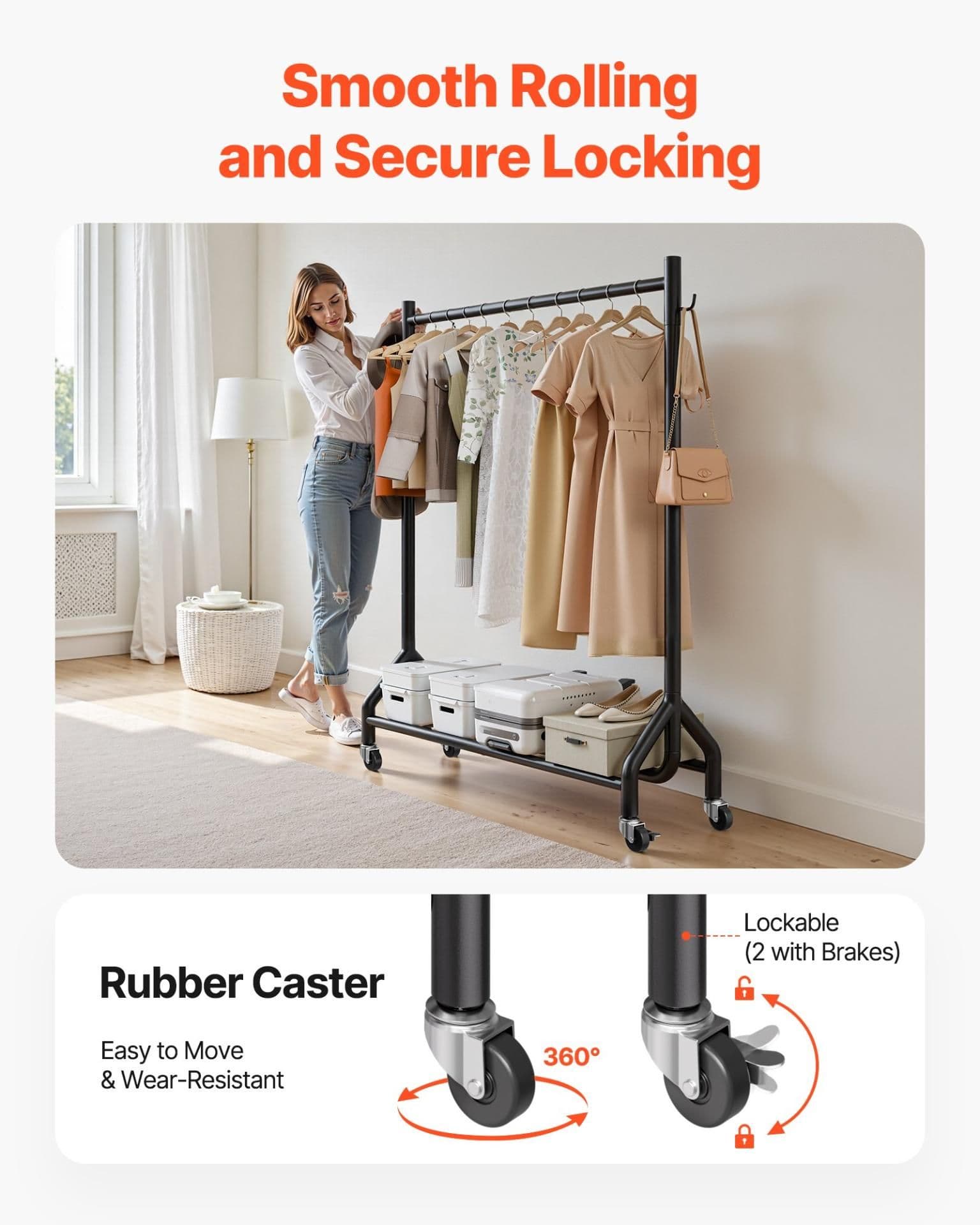 image-VEVOR Clothes Rack, Rolling Clothing Garment Rack with Hanging Rod and Side Hooks, 198 lbs Load Capacity, Heavy Duty Carbon Steel Clothing Racks with Wheels, Ideal for Bedroom, Laundry, Living Room