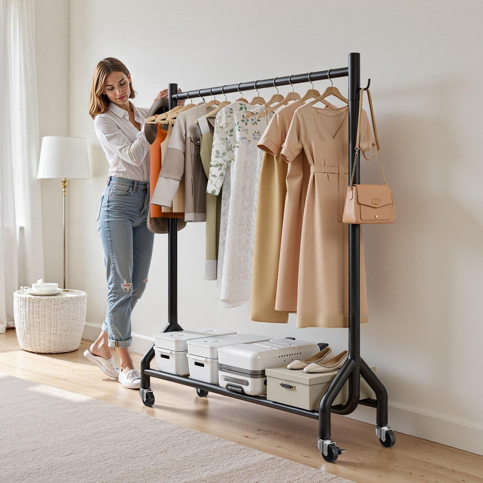 image-VEVOR Clothes Rack, Rolling Clothing Garment Rack with Hanging Rod and Side Hooks, 198 lbs Load Capacity, Heavy Duty Carbon Steel Clothing Racks with Wheels, Ideal for Bedroom, Laundry, Living Room