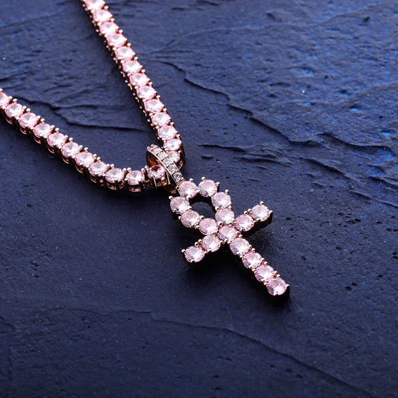 image-New Rose Gold Cross Ankh Key Pendant Inlaid Pink Zirconium Solid Necklace Accessories Jinao Jewelry