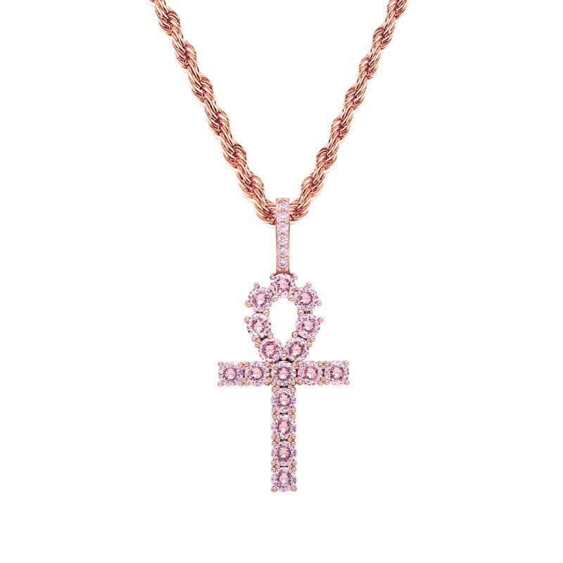 image-New Rose Gold Cross Ankh Key Pendant Inlaid Pink Zirconium Solid Necklace Accessories Jinao Jewelry