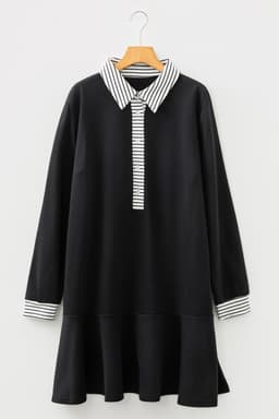 image-Black Plus Size Striped Polo Dress - Patchwork Ruffle Hem