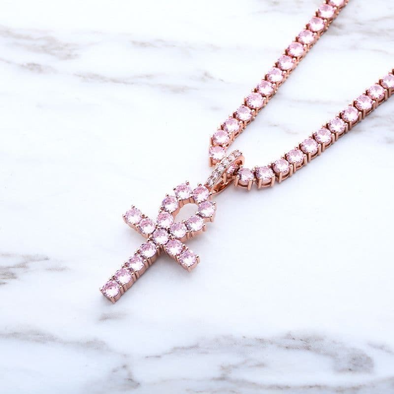 image-New Rose Gold Cross Ankh Key Pendant Inlaid Pink Zirconium Solid Necklace Accessories Jinao Jewelry