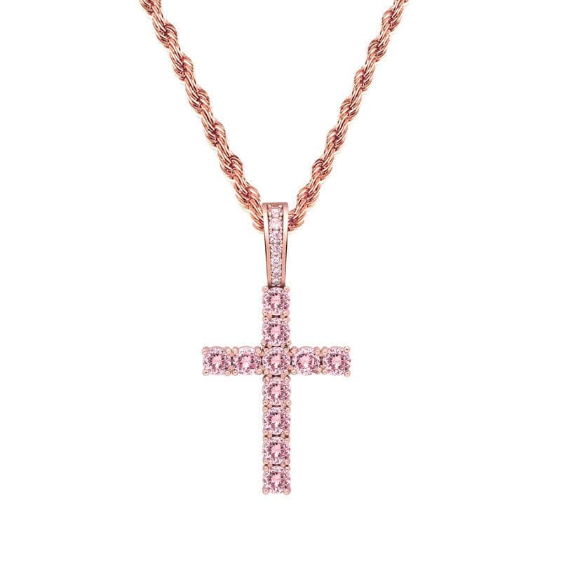 image-New Rose Gold Cross Ankh Key Pendant Inlaid Pink Zirconium Solid Necklace Accessories Jinao Jewelry