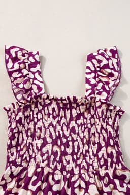 image-Pink Leopard Ruffle Straps Smocked High Waist Long Dress