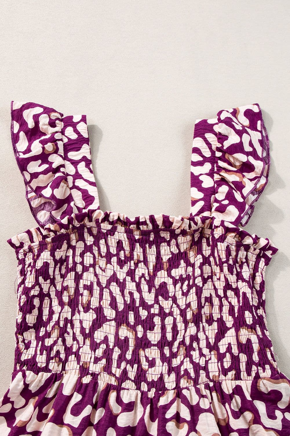 image-Pink Leopard Ruffle Straps Smocked High Waist Long Dress
