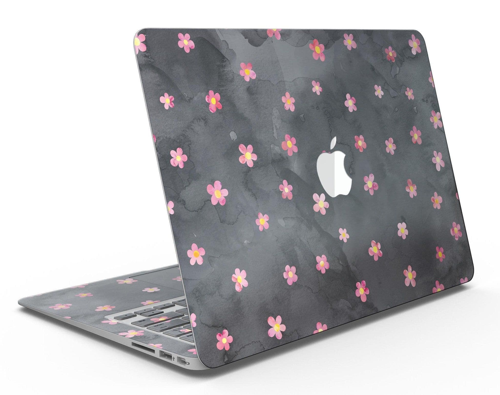image-Cute Watercolor Flowers over Black - MacBook Air Skin Kit