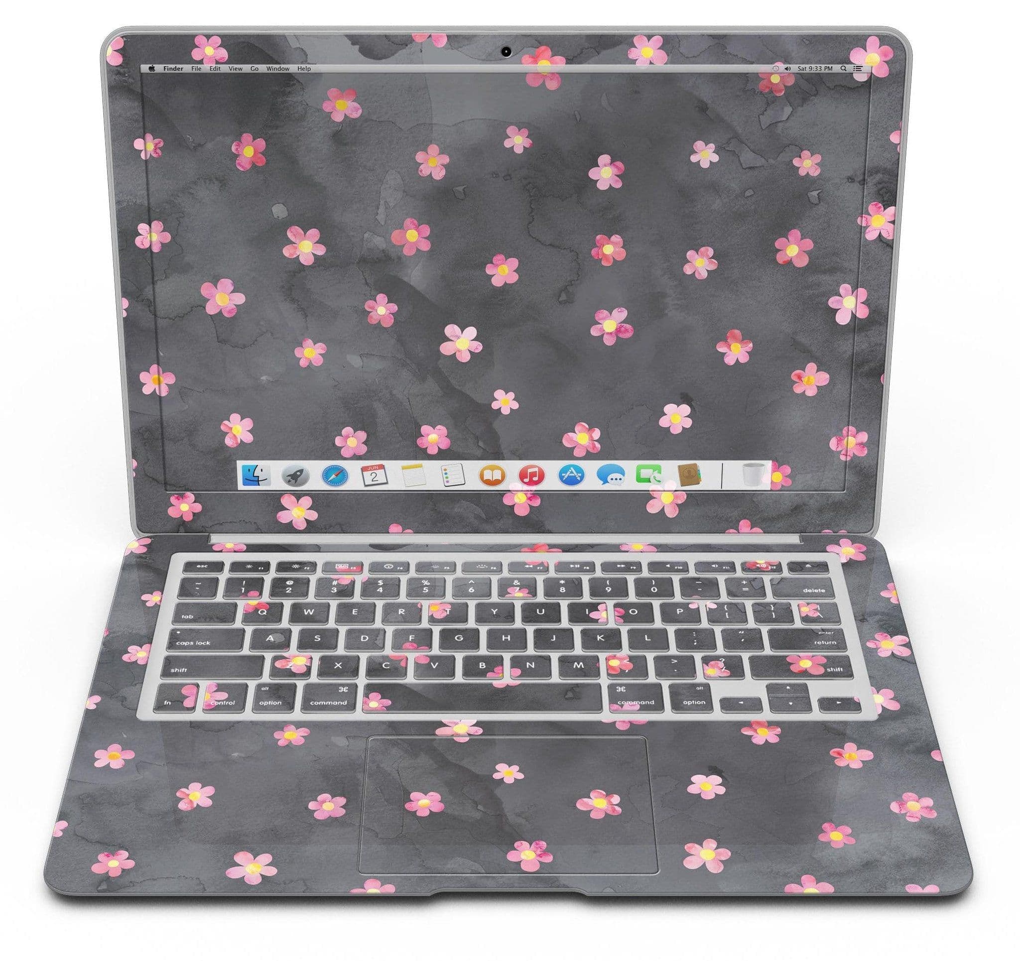 image-Cute Watercolor Flowers over Black - MacBook Air Skin Kit