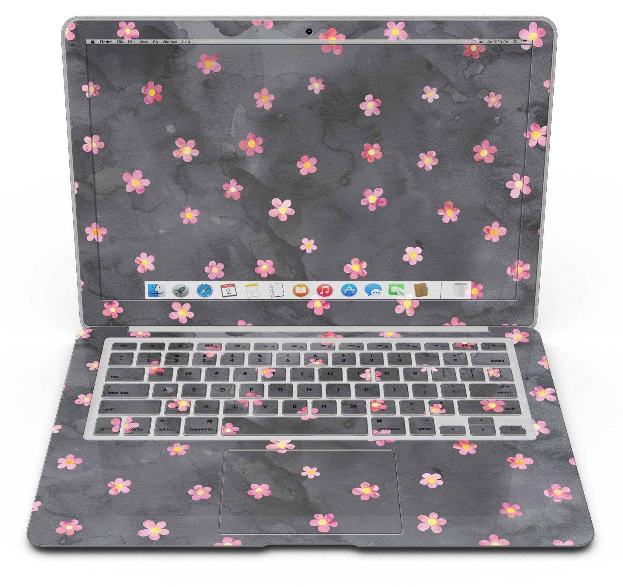 image-Cute Watercolor Flowers over Black - MacBook Air Skin Kit
