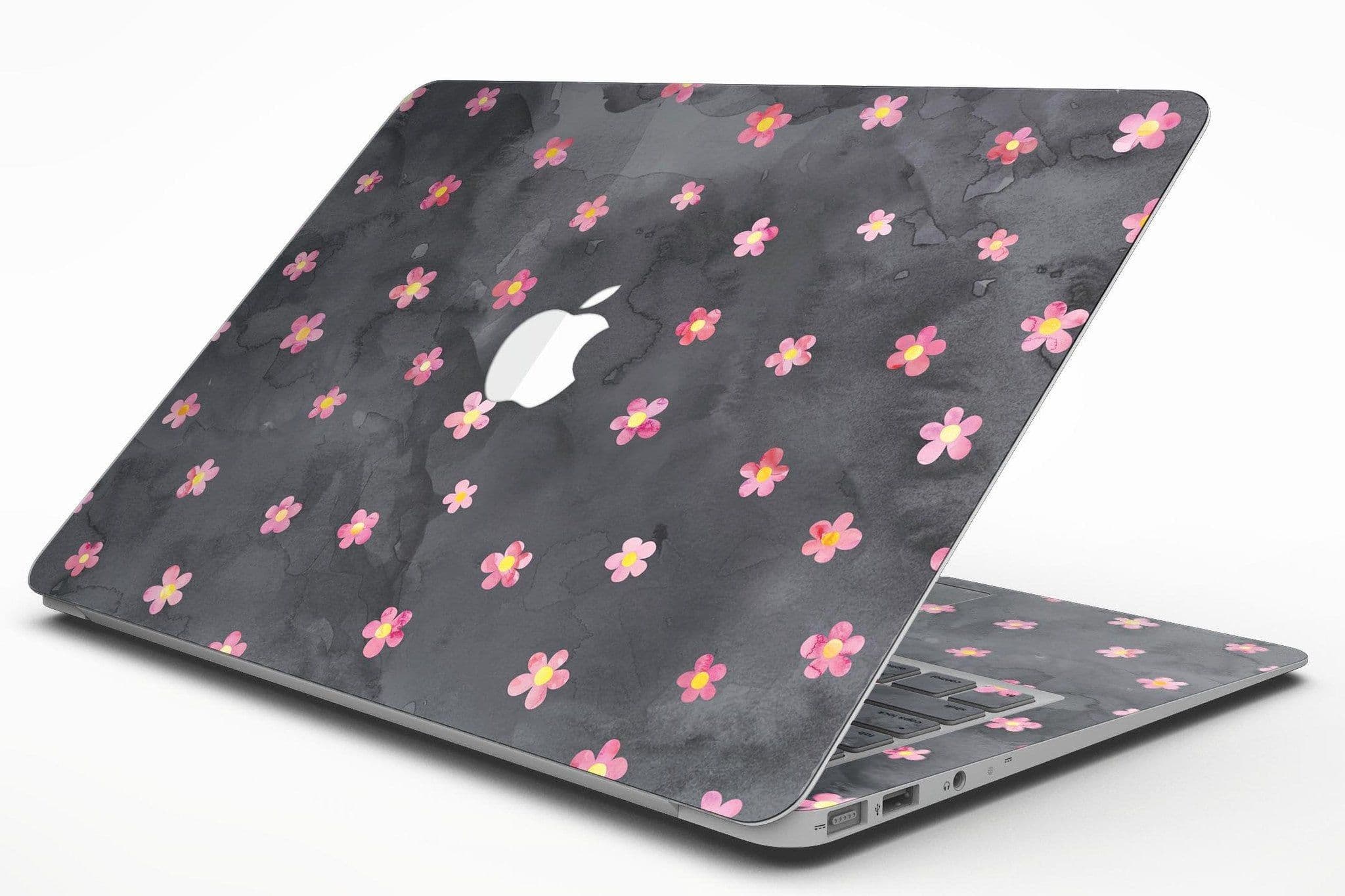image-Cute Watercolor Flowers over Black - MacBook Air Skin Kit
