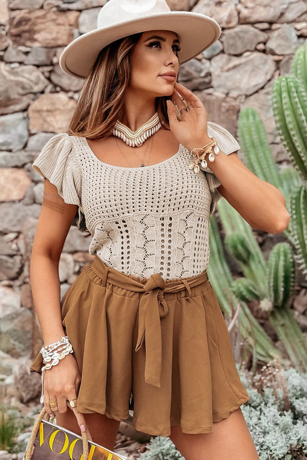 image-Beige Pointelle Knit Flutter Sleeve Sweater - Versatile & Chic