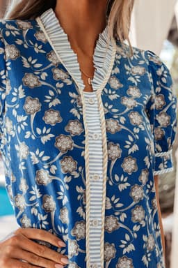 image-Blue Striped Trim Floral Dress Short Sleeve