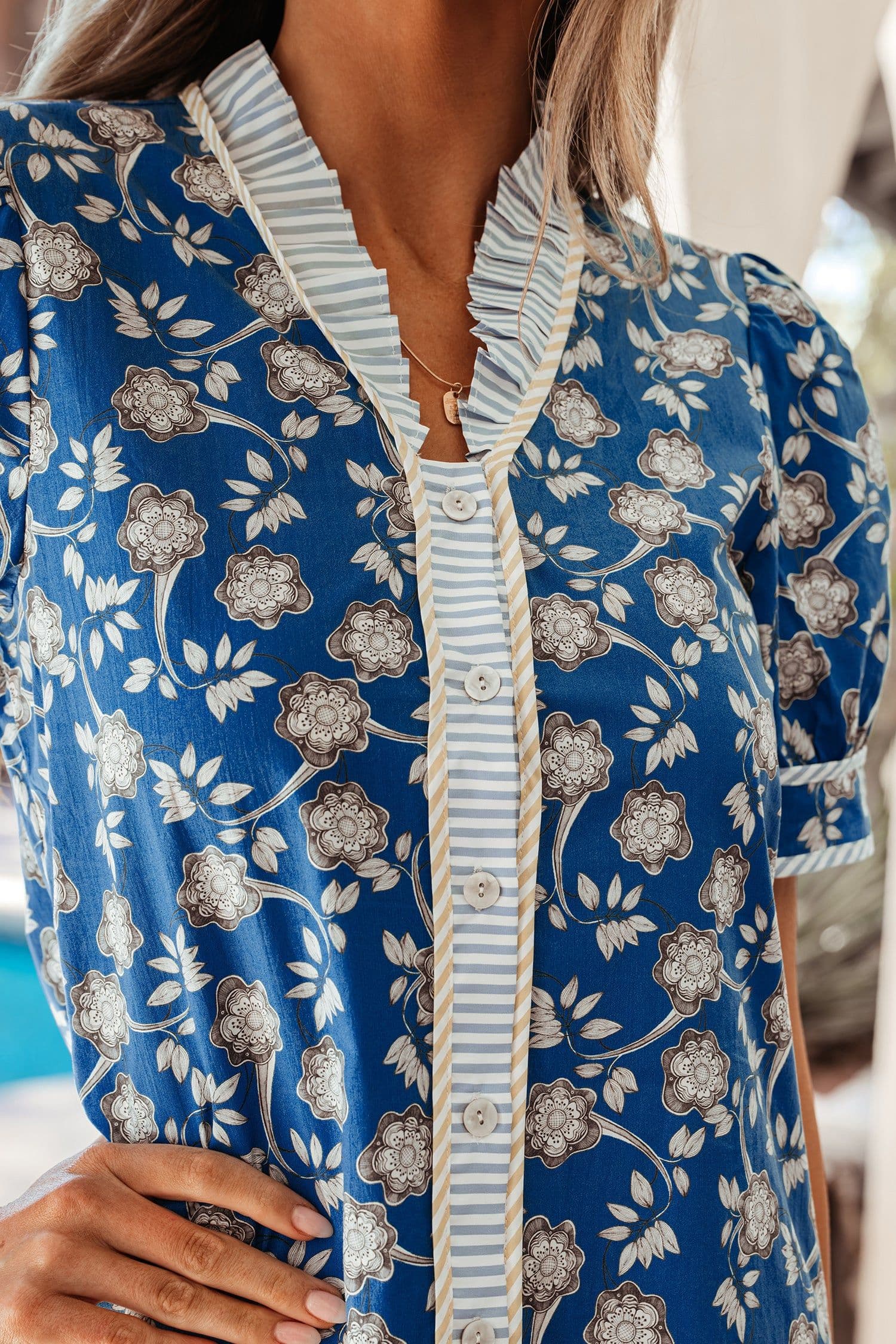 image-Blue Striped Trim Floral Dress Short Sleeve