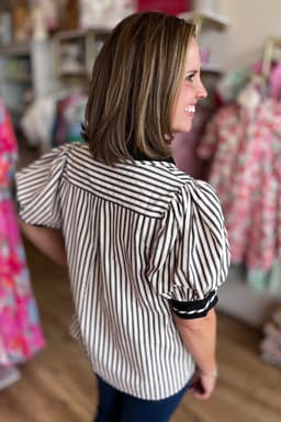 image-Green Stripe Collared Split Neck Bubble Sleeve Blouse