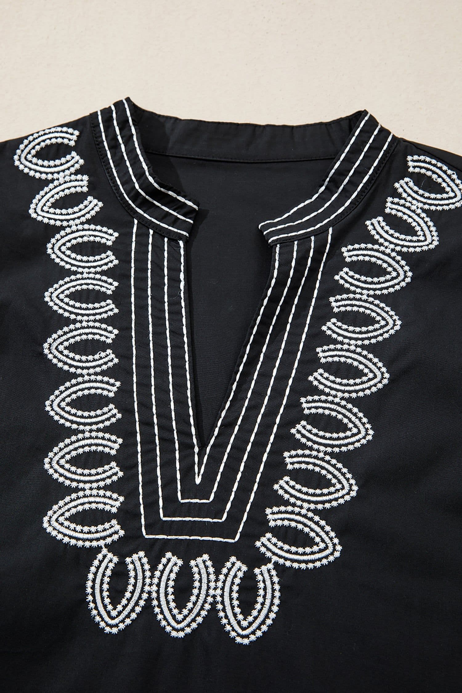 image-Black Short Puff Sleeve Contrast Embroidered Detail V Neck Blouse