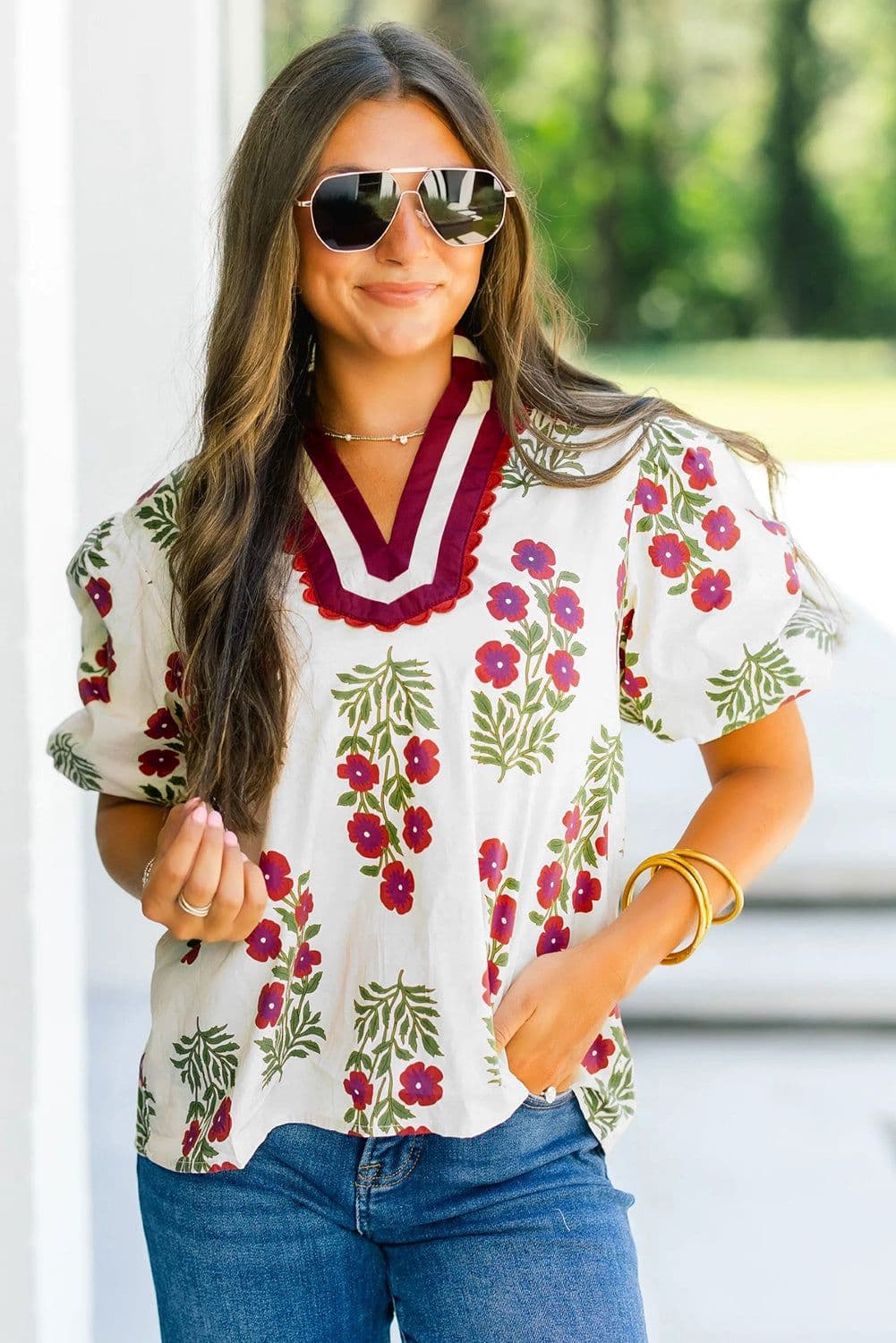 image-White Floral Blouse - Short Puff Sleeve Contrast