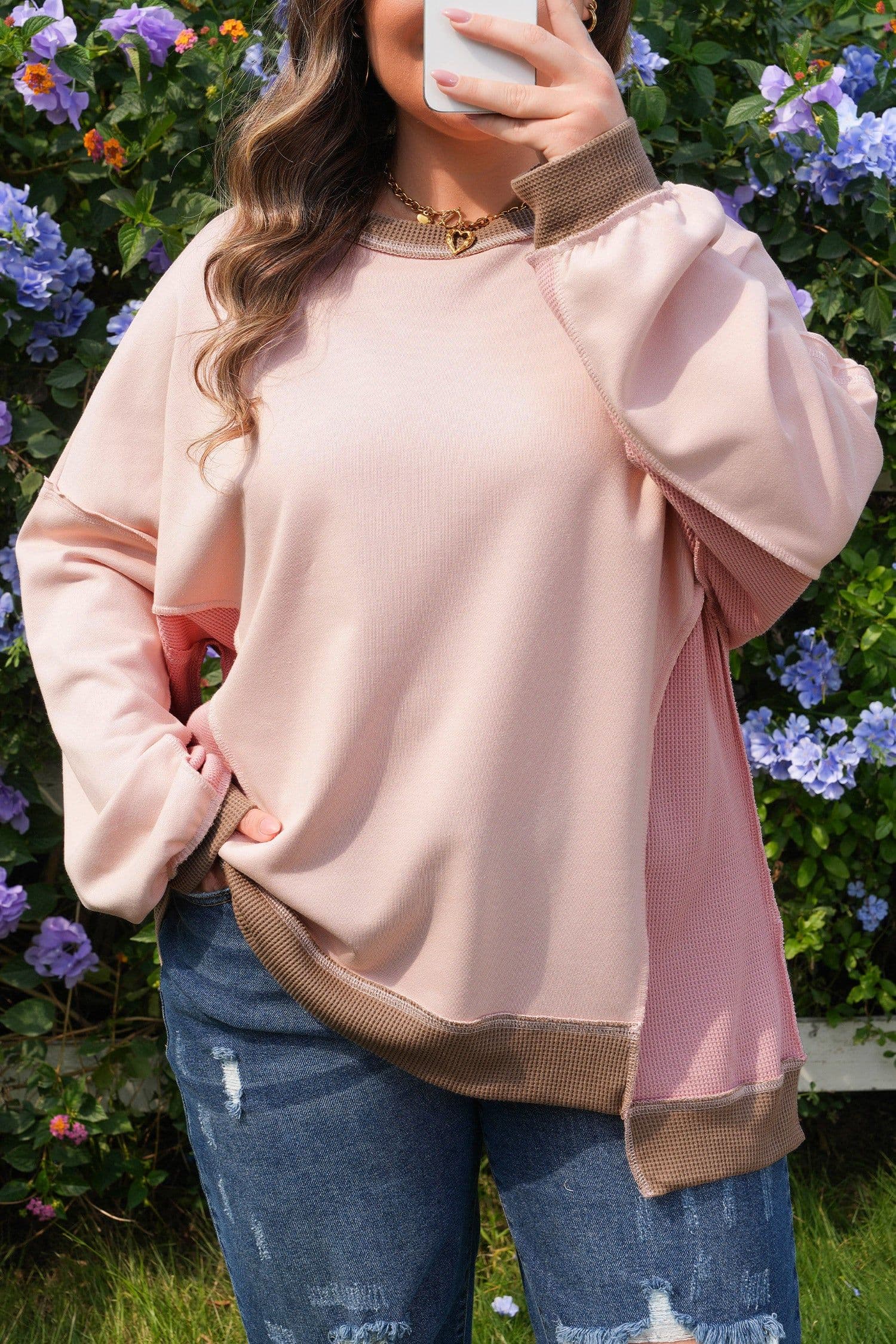 image-Light Pink Plus Color Block Waffle Sweatshirt