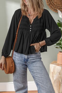 image-Black Smocked Bust Buttoned Split V Neck Blouse