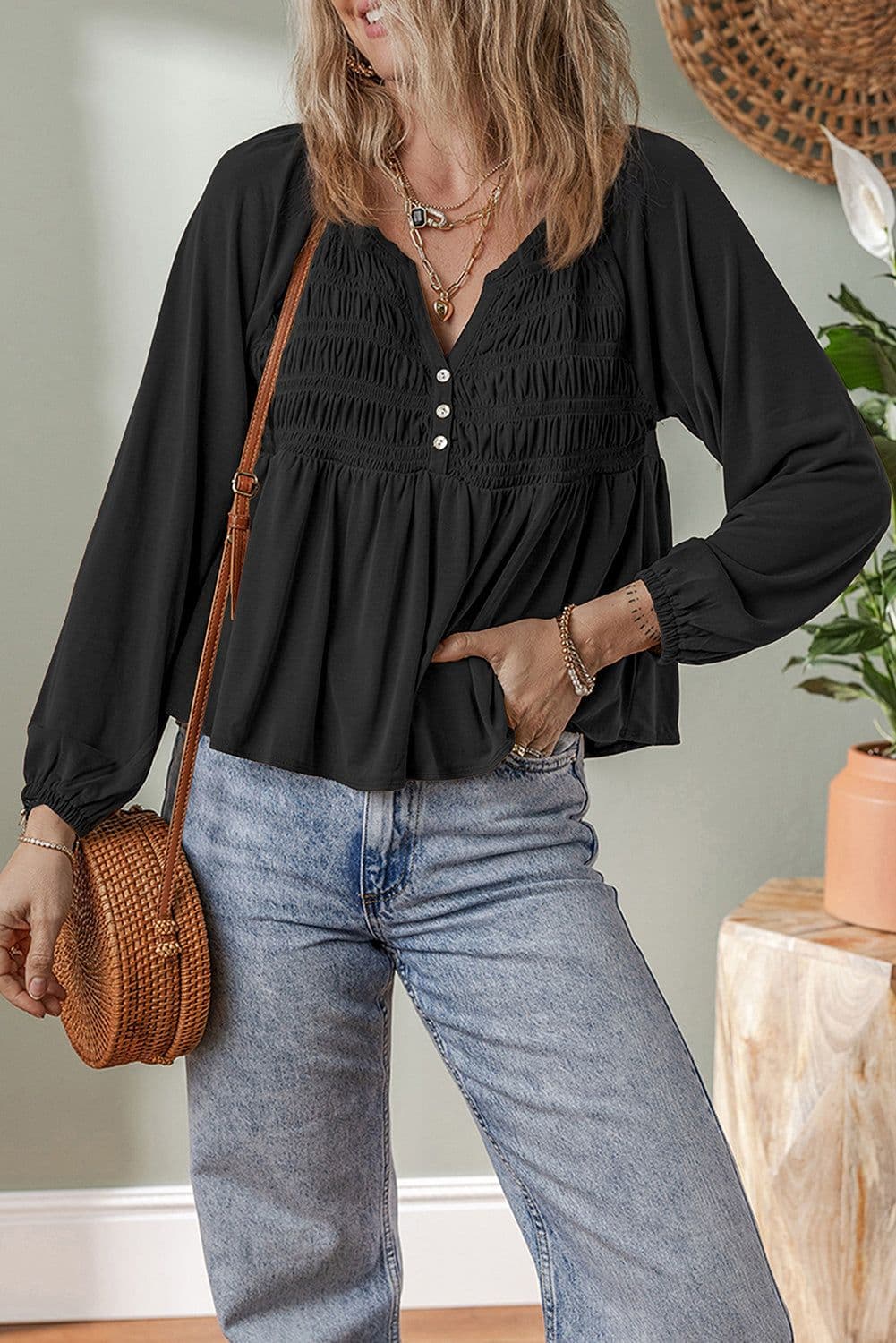image-Black Smocked Bust Buttoned Split V Neck Blouse