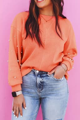 image-Blossom Pearled Sleeves Drop Shoulder Pullover Sweatshirt