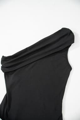 image-Solid Color Pleated One Shoulder Bodysuit - Black
